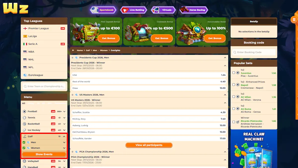 Wazamba Golf Betting Screenshot